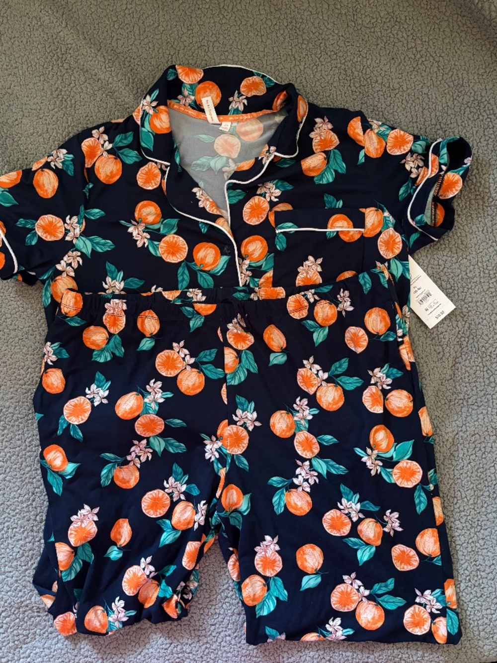 Navy Orange Print Short-Sleeve Pajama Set